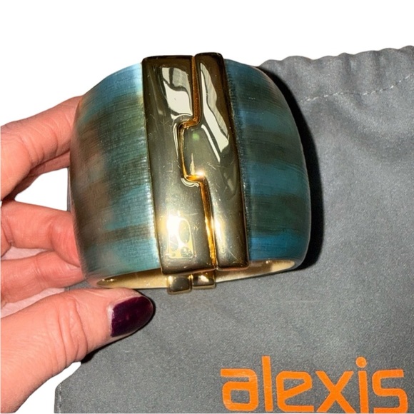 Alexis Bittar Teal Lucite and 14k Gold Plated Hinged Cuff Bracelet and Dustbag - Picture 3 of 14
